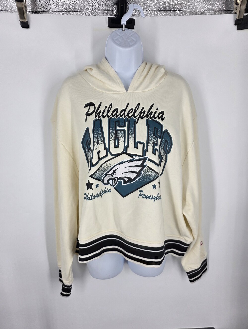 Champion Philadelphia Eagles Women XL Cropped Hoodie Cream Retro Striped
